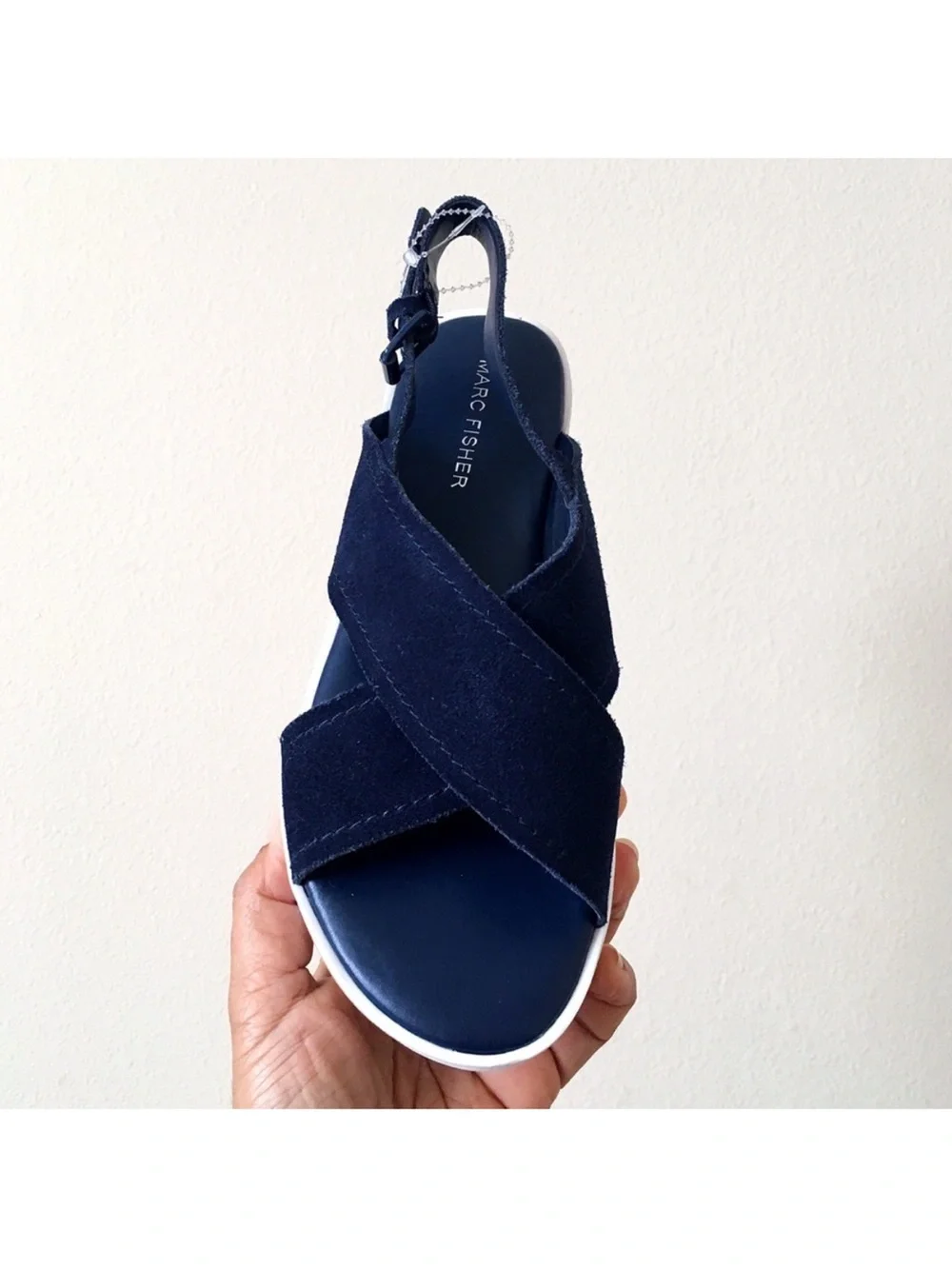 Marc Fisher Glitze Wedge Sport Lug Sole Navy Cross‑Strap Cork Platform Sandals